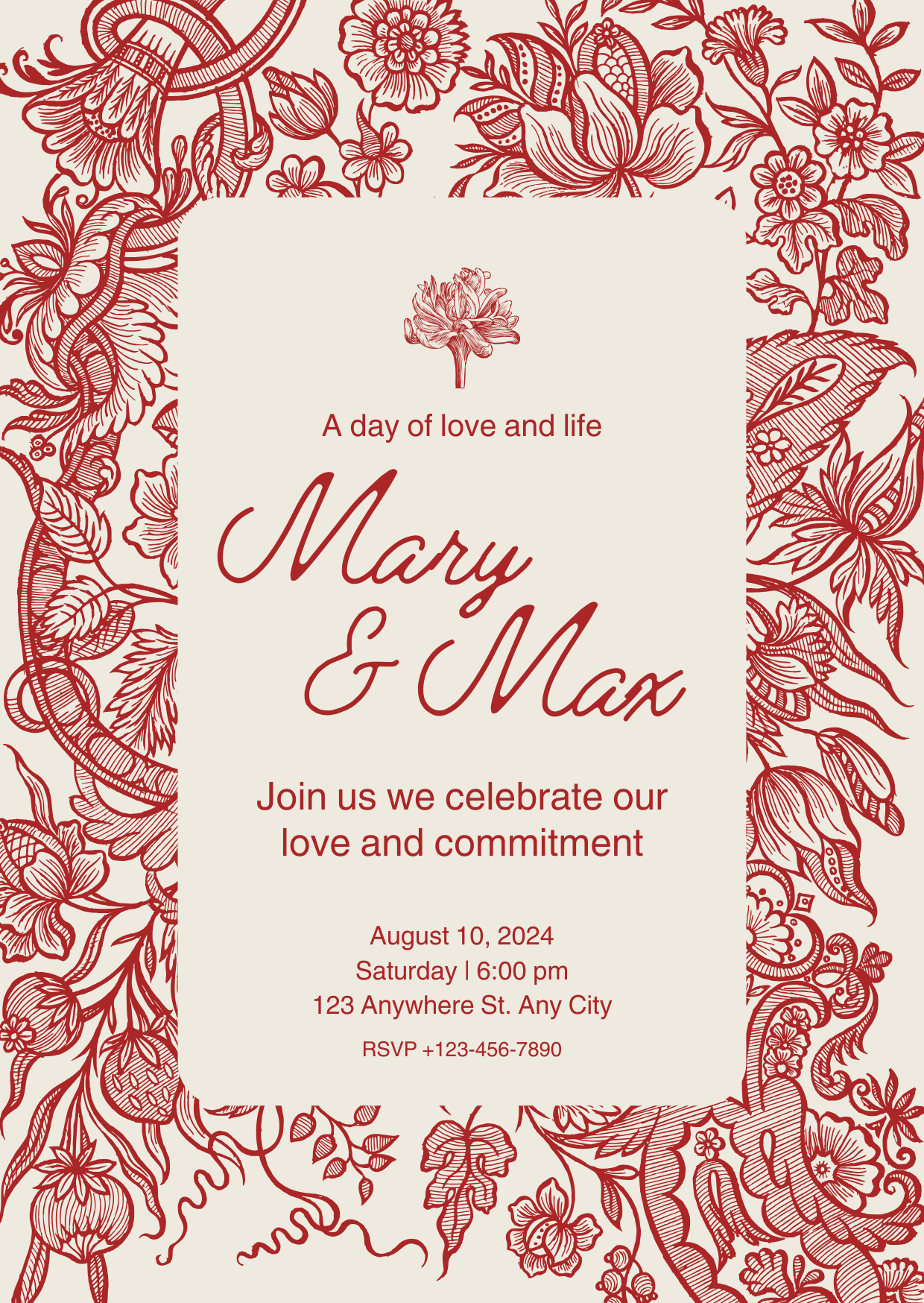 Beige and Red Bordered Vintage Template Wedding Invitation