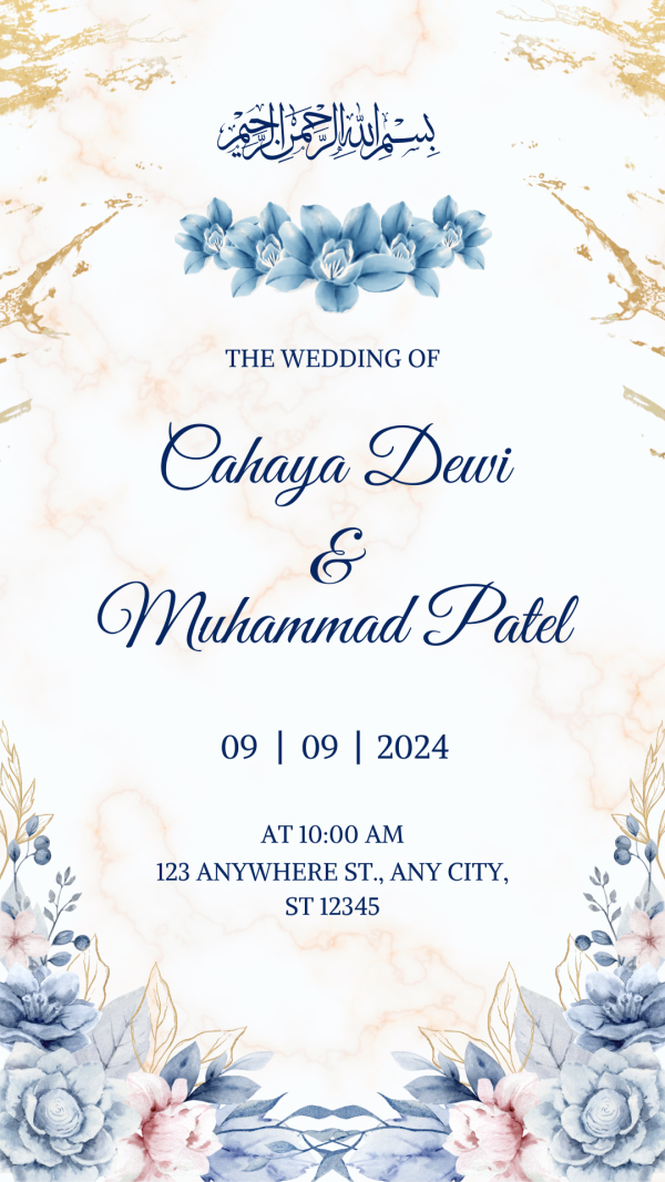 Blue Gold Watercolor Elegant Wedding Invitation