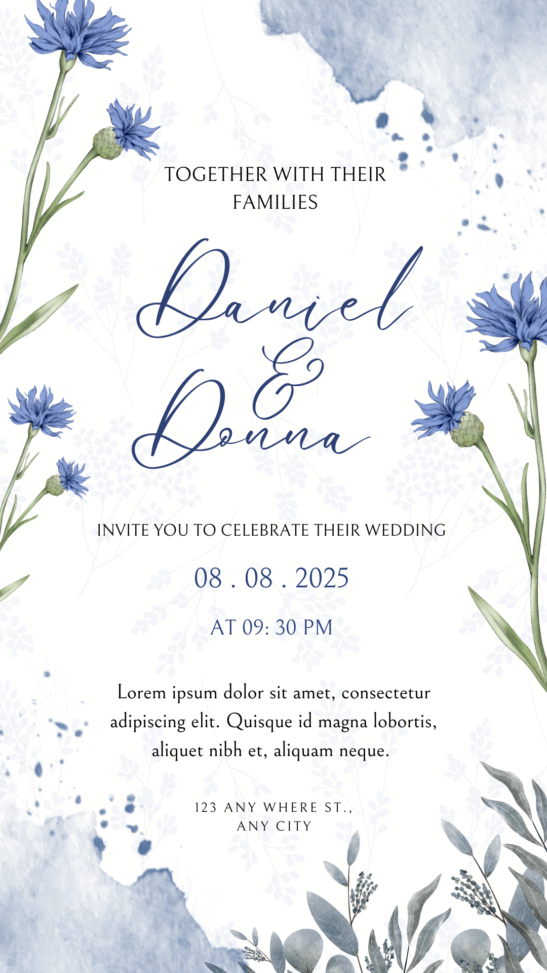 Grey Blue Floral Watercolor Wedding Invitation (Copy)